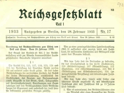 „Reichstagsbrandverordnung“, Quelle: Reichsgesetzblatt, 28. Februar 1933